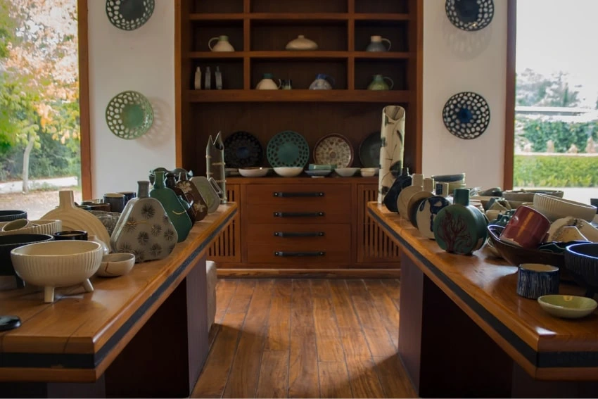 Handmade ceramics displayed in Aura Pottery Gallery
